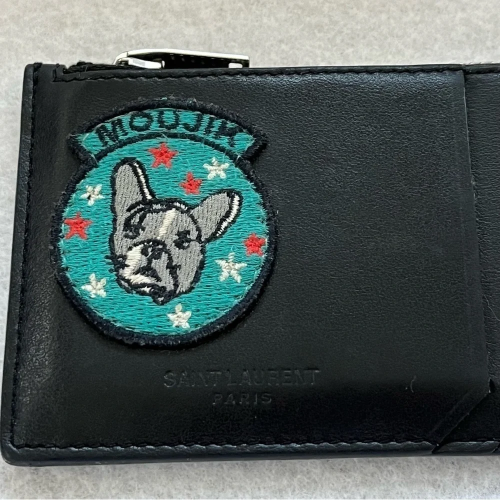 SAINT LAURENT Moujik French Bulldog Fragment Card Holder Black Leather